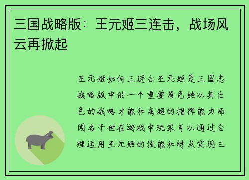 三国战略版：王元姬三连击，战场风云再掀起