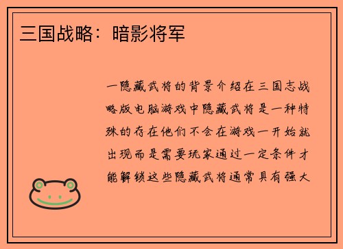 三国战略：暗影将军