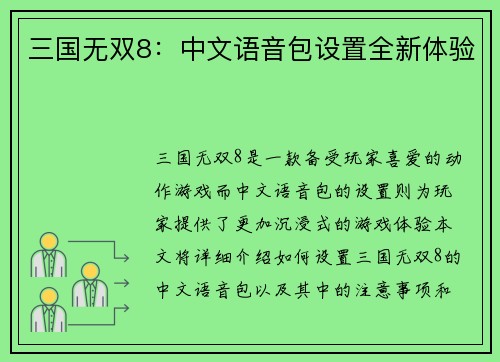 三国无双8：中文语音包设置全新体验
